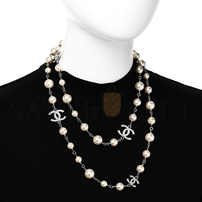 CHANEL GRADUATED PEARL CRYSTAL CC LONG NECKLACE SILVER 