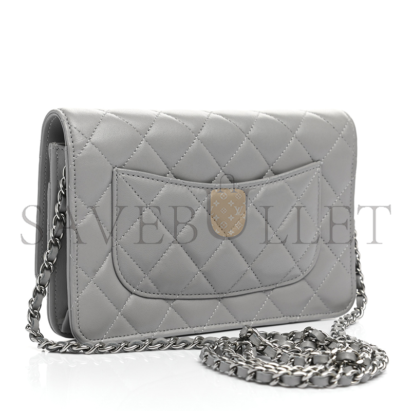 CHANEL LAMBSKIN QUILTED WALLET ON CHAIN WOC GREY (19*13*3cm) 