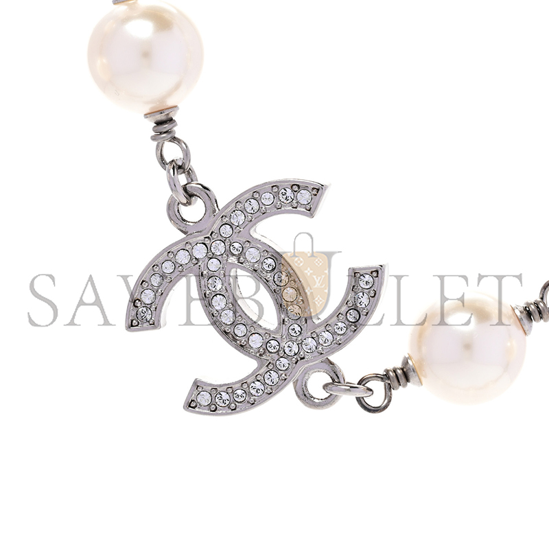 CHANEL GRADUATED PEARL CRYSTAL CC LONG NECKLACE SILVER 